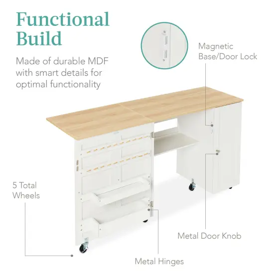 Best Choice Products Large Portable Multipurpose Folding Sewing Table w/ Magnetic Doors, Craft Storage Natural/White {6}