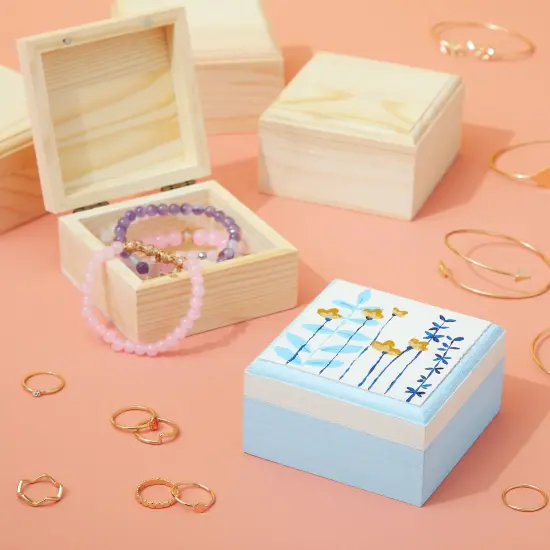 6 Pack Unfinished Wooden Boxes with Hinged Lids, Pinewood Magnetic Wood Box for Crafts, Jewelry Storage (3.5 x 3.5 x 2 In) {4}