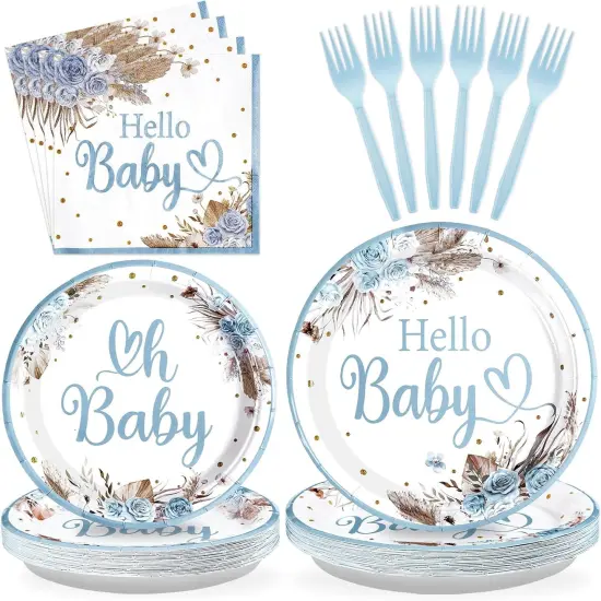 96 PCS Boho Dusty Blue Baby Shower Decorations & Tableware Set - Serves 24 {1}