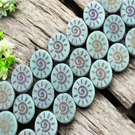 *8* 14mm Acid Etched Opaque Dark Turquoise Sliperit Laser Tattoo Sun Coin Beads {3}