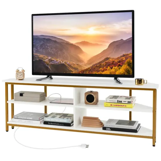 Costway Corner TV Stand for TVs up to 65" TV Console Table with AC Outlets&USB A Ports Rustic Brown/Black/White {9}