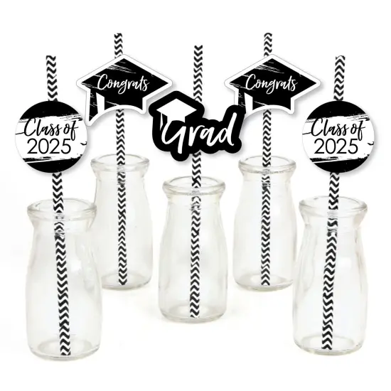 Big Dot of Happiness Black and White 2025 Graduation Paper Straw Decor - Party Striped Decorative Straws - Set of 24 {1}