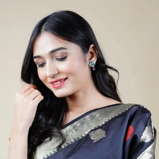 Indian Flower Stud Earrings For Women - Faux Pearl Tassel Round Earrings Small Tops Earring Bollywood Style Dangle Drop Earring Chandelier Jhumki Jewelry for Bride - Birthday Gift for Her RubyGreen {3}