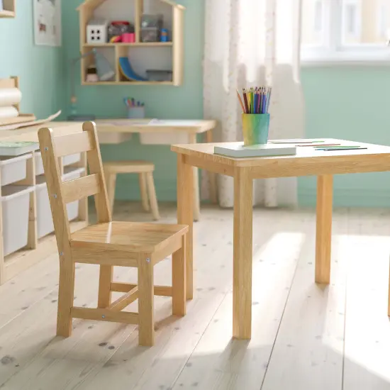 Emma and Oliver Kids 3 Piece Solid Hardwood Table and Chair Set for Playroom, Kitchen Natural {3}