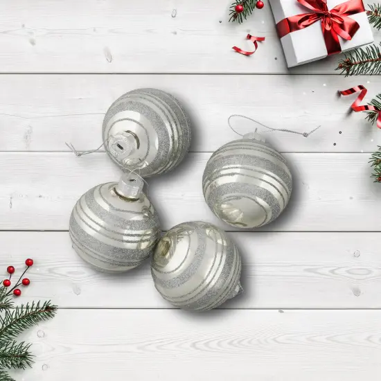 Northlight Glitter Stripes Christmas Shiny Glass Ball Ornaments - 2.5" (67mm) - Silver - 4ct {4}