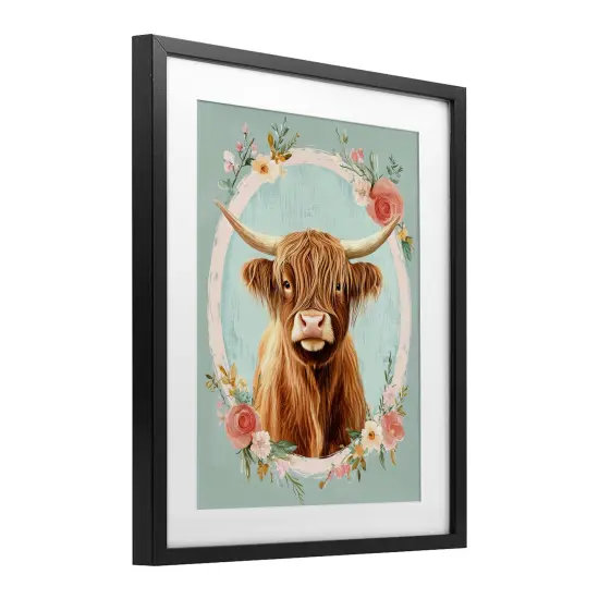 Stupell Industries Highland Cow In Floral Border Framed Print Under Glass, design by Petal Prints Design {3}