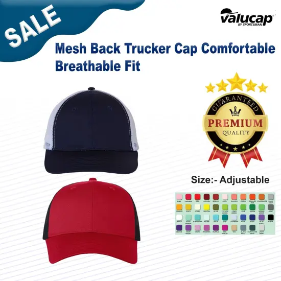 Valucap&reg; Mesh Back Trucker Cap Comfortable Breathable Fit Navy/ White/ Red {3}