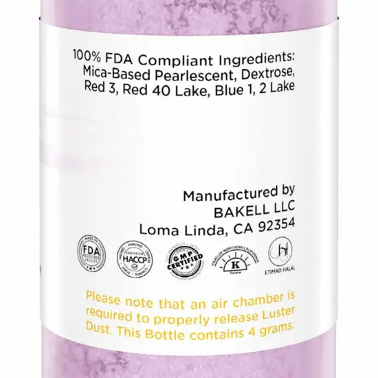 Bakell - Lavender Purple Luster Dust (4g, 1x Pump) Edible Vegan Dust & Paint for Baking, Desserts and Beverages {6}