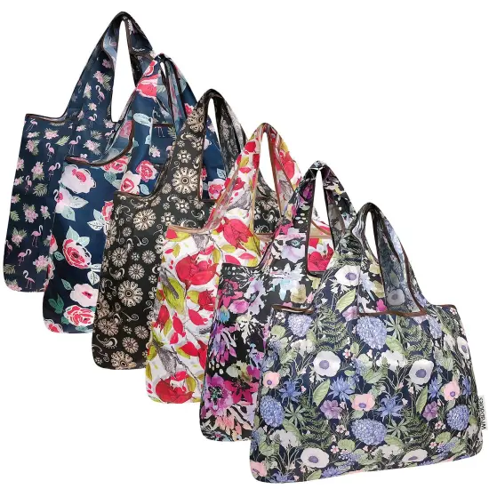 Wrapables Large Foldable Tote Nylon Reusable Grocery Bags, 6 Pack, Vibrant Bouquet {1}