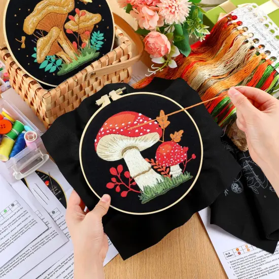 5 Sets Mushroom Embroidery Kit for Beginners with Pattern and Instructions Include Embroidery Cloth Hoops Threads for Craft Lover Hand Stitch DIY Adult Hand Needlepoint {6}
