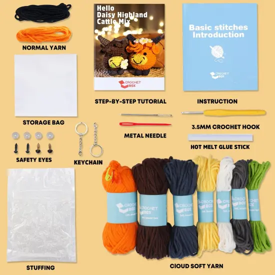 Crochet Kit for Beginners - 2 PCS Highland Cow Keychain Crochet Kit, Learn to Crochet, Include Easy Knitting Yarn, Step-by-Step Video Tutorial, Hook, Holiday Birthday Gift for Adults {6}
