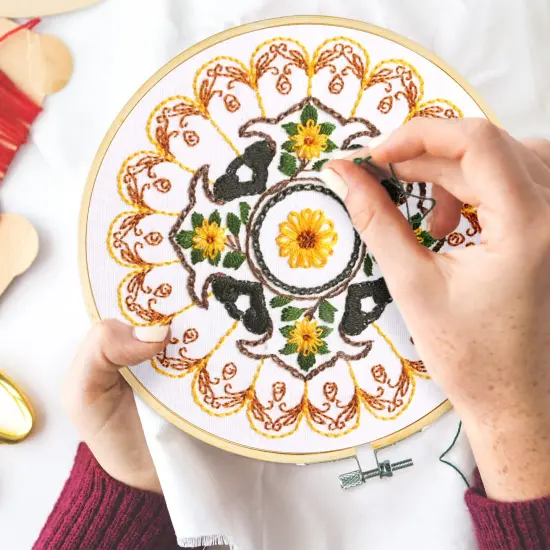 4 Mandala Embroidery Starter Kit with Instruction Plum Blossom Chrysanthemum Orchid Lotus Needlepoint Cross Stitch Kit with Embroidery Hoop Threads Needle Scissors for Beginners DIY Craft {3}