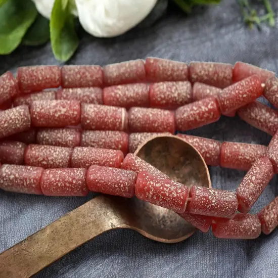 10x25mm Matte Ruby Red Pompeii Tube Beads (18" Strand) - Indonesian Glass Beads {1}