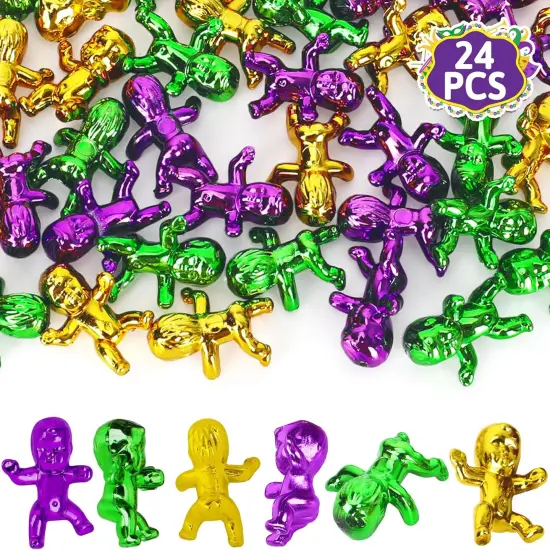 24 PCS King Cake Babies, 1 Inch Plastic Babies for Mardi Gras, Purple Green Gold Tiny Plastic Babies for Baby Shower Favors Ice Cube Game, Small Plastic Babies for Mardi Gras Party Decorations {1}
