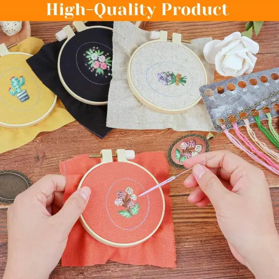 4 Packs Embroidery Kit for Beginners, Shynek 26 Pcs Mini Cross Stitch Kits includes Stamped Embroidery Clothes with Flowers Pattern Embroidery Necklace Pendant Embroidery Hoops and Necklace Chains {2}