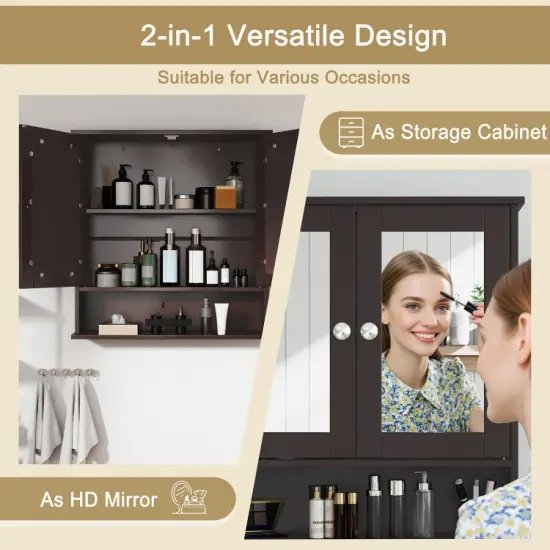 Wall Cabinet with Double Mirror Doors Adjustable Shelf Storage for Bathroom and Bedroom Brown {4}