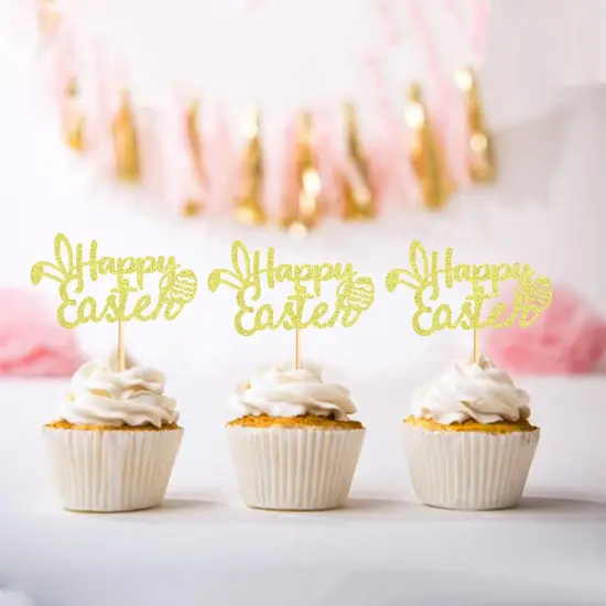 24 Pack Happy Easter Cupcake Toppers for Spring Party Decorations Cake Picks Cake Food Decor Appetizers Toothpicks Party Supplies Gold {4}