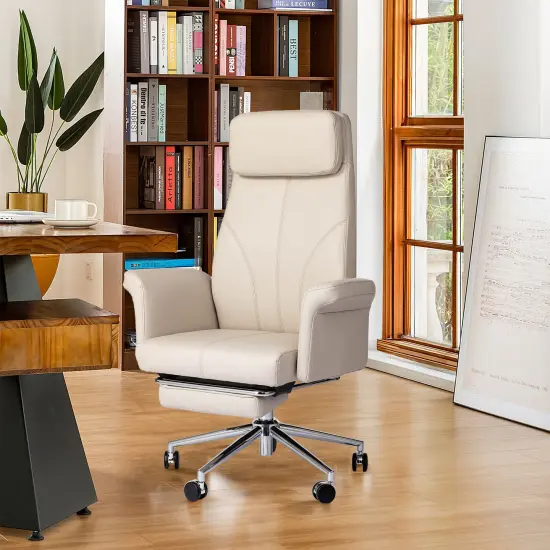 Modern Deluxe Faux Leather Gaslift Adjustable Swivel High Back Office Chair with Footrest and Armrest Ivory {9}