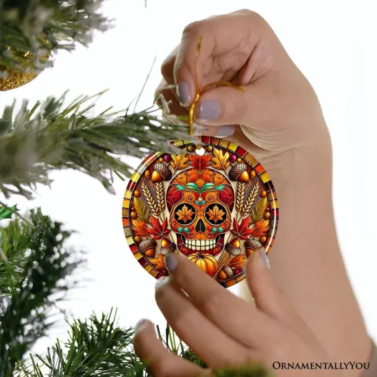 Autumn Harvest Sugar Skull Ornament, Vibrant Fall Foliage Christmas Gift and Decor {6}