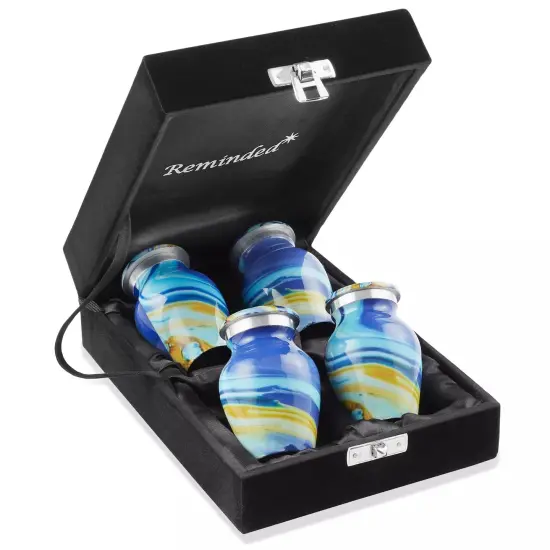 Keepsake Set of 4 Cremation Urns for Human Ashes, Blue Swirl with Velvet Case {1}