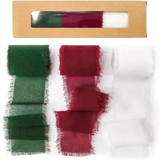 Frayed Chiffon Silk Ribbon 1-1/2 inch x 7 Yards x 3 Rolls Burgundy White Dark Green Set for Christmas Home Decor Gift Wrapping DIY Crafts Wedding Invitation Bouquets {2}
