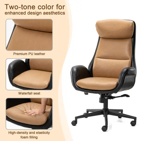Mid-Century Modern Two-tone color Leatherette Adjustable Swivel High Back Office Chairs Black & camel {6}