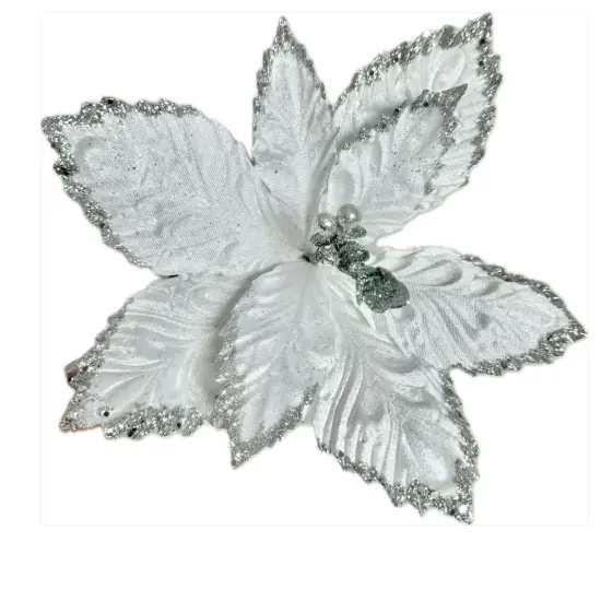 White and Silver Poinsettia Christmas Artificial Stems set of 3 {1}
