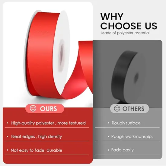 Solid Double Face Fabric Ribbon, 1" X 25 Yards, Polyester Satin Ribbons Perfect for Crafts, Gift Package Wrapping, Wedding Decorations, Baby Shower - Red {3}