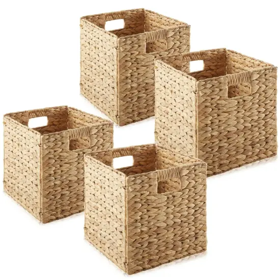 Set of 4 Hyacinth Storage Cubes, 10.5" Wicker Basket Bins for Shelves, Natural {1}