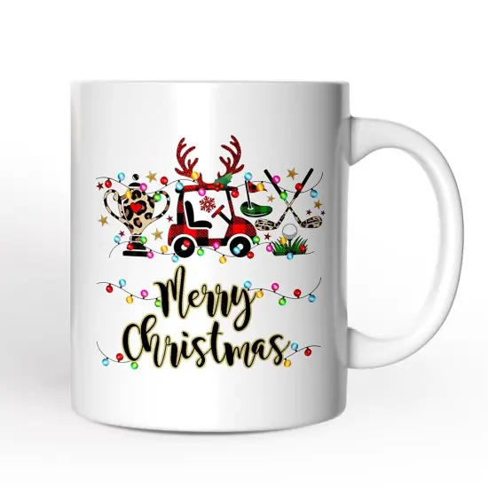 Buffalo Plaid Christmas Mug, Golf Cart, Putter and Trophy Golfing Gift {1}