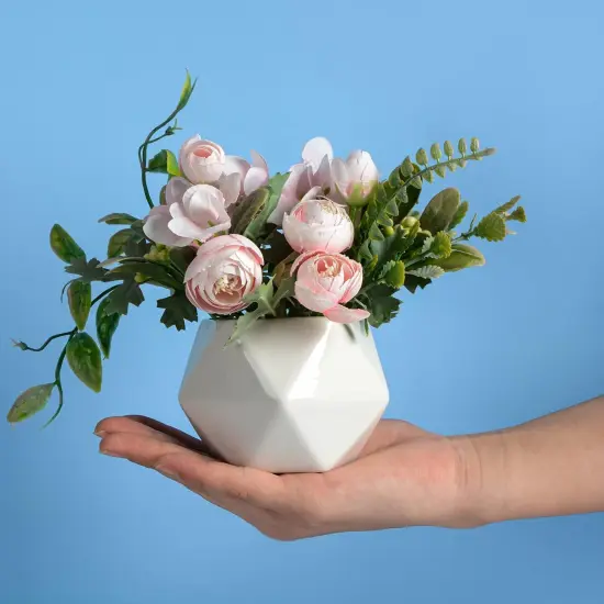 Set of 4 Mini Artificial Camellia Flowers in Ceramic Pots &ndash; Faux Floral D&eacute;cor for Home & Office {3}