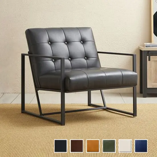 30.5"H Mid-Century Modern Leatherette Button-tufted Accent Arm Chair with Black Metal Frame Brown {7}