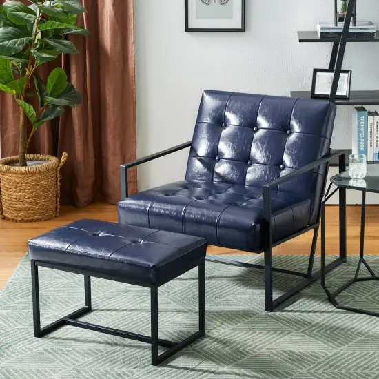 Set of 2 Modern Hunter Thick Leatherette Accent Chair & Accent Stool Blue {4}