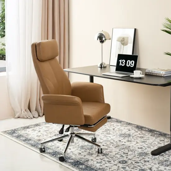 Modern Deluxe Faux Leather Gaslift Adjustable Swivel High Back Office Chair with Footrest and Armrest Camel {4}