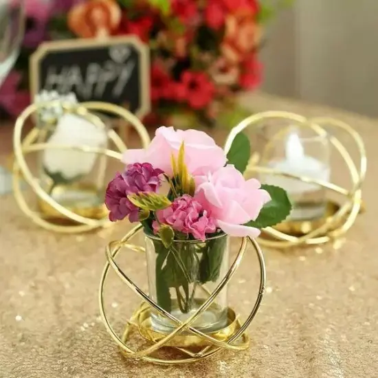 3 Gold 3-Inch Geometric Metal VOTIVE CANDLE HOLDERS Flower Vases Party Supplies {3}