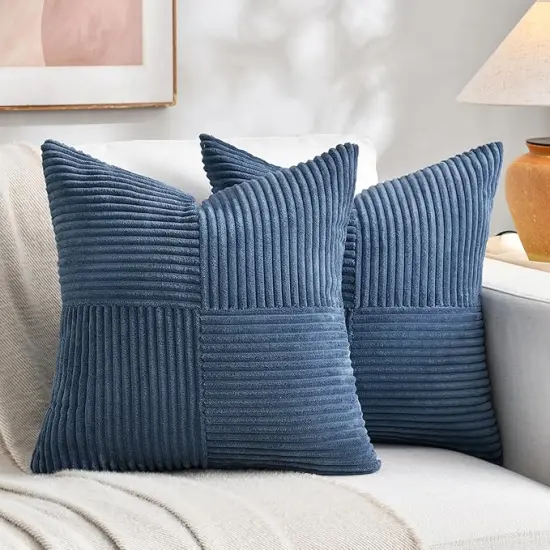 2 Packs Dusty Blue Decorative Throw Pillow Covers 18x18 Inch for Living Room Couch Bed, Farmhouse Boho Home Decor, Soft Corss Corduroy Patchwork Textured Square Cushion Case 45x45cm {1}