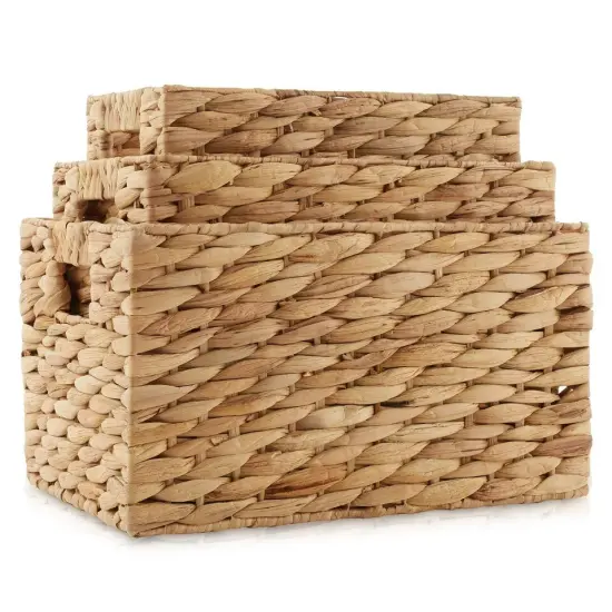 Set of 3 Storage Baskets w Handles, Woven Hyacinth Wicker Nesting Bin Organizers {2}