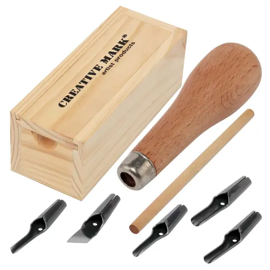 Creative Mark Linoleum Carving Tools Set with Ergonomic Beechwood Handle, 5 Tempered Steel Blades, Block Printing Linocut Tools for Soft Linoleum or Pine, Wooden Storage Box Included {2}