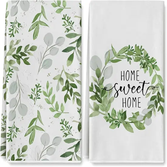 Greenery Kitchen Towel 18 x 28 Inch Watercolor Green Leaves Dish Towel Home Sweet Home Eucalyptus Hand Drying Tea Towel for Spring Summer Baking Cooking Cleaning Party Supplies, 2Pcs {1}