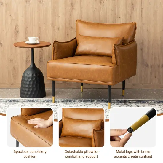 29.5"W Mid-Century Modern Leatherette Armchair With Side Pocket Camel {3}