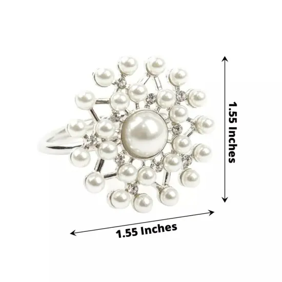 4 Silver White Round Metal Dinner NAPKIN RINGS Faux Pearls Rhinestones Party {3}