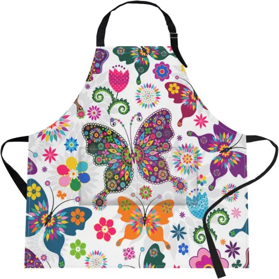 Apron Home Kitchen Cooking Baking Gardening for Women Men With Pockets Floral Colorful Butterflies Flowers Romantic 32x28 inch {1}