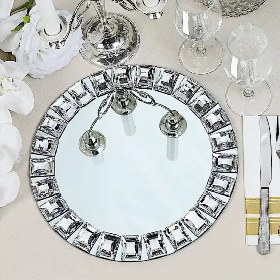 2 Silver 13-Inch Round Glass Diamond Rimmed Charger Plates Dinner Party Supplies {2}