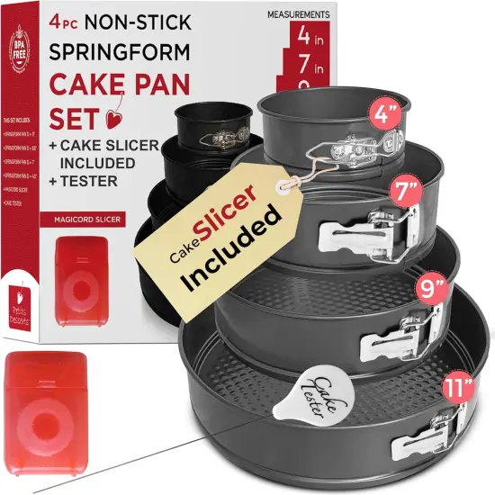 Spring Form Pan for Cheesecake, 4/7/9/11 Inch NONSTICK Cheesecake Pan Set with CAKE SLICER and TESTER, Leakproof Springform Pan Set, 4 Spring Form Pans for Baking Compatible with INSTANT POT {1}