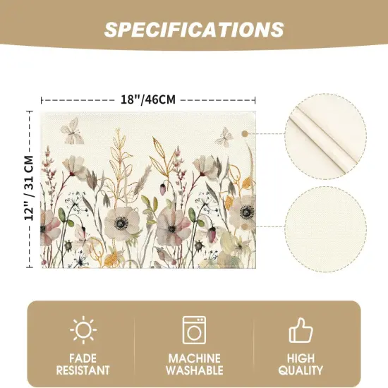 Set of 4 Wildflowers Floral Fall Placemats - 12x18 Inch (Beige) {5}