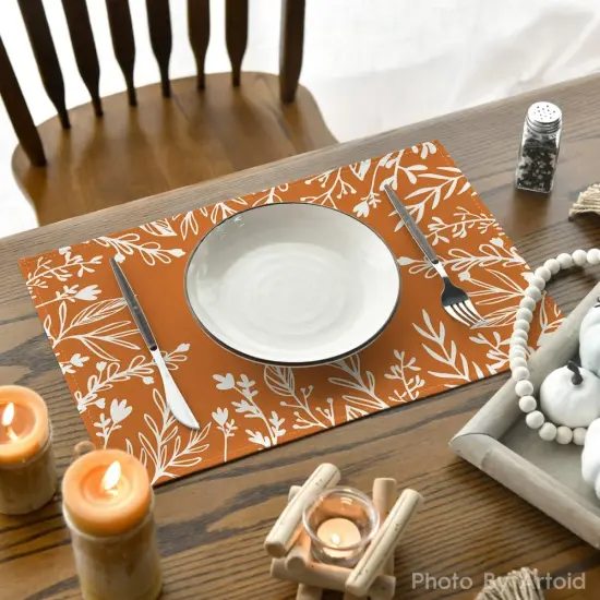Set of 6 Eucalyptus Leaves Fall Placemats - 12x18 Inch (Orange/White) {4}