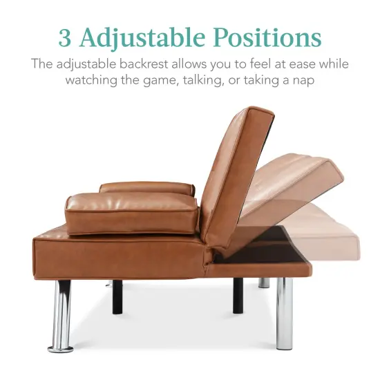 Best Choice Products Modern Faux Leather Convertible Futon Sofa w/ Removable Armrests, 2 Cupholders Tan {2}