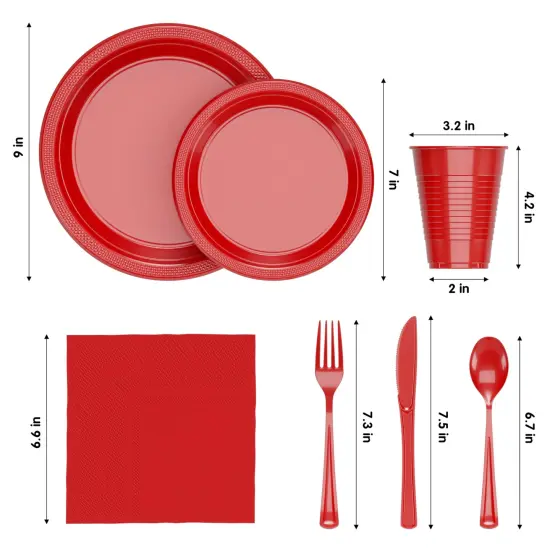 Exquisite 182 Pcs Plastic Plates for Party &ndash; Disposable Plates Set &ndash; 26 Each of 9" Dinner Plates, 7" Dessert Plates, Plastic Cups, Napkins & Plastic Cutlery &ndash; Plastic Dinnerware by Party Solids Red {2}