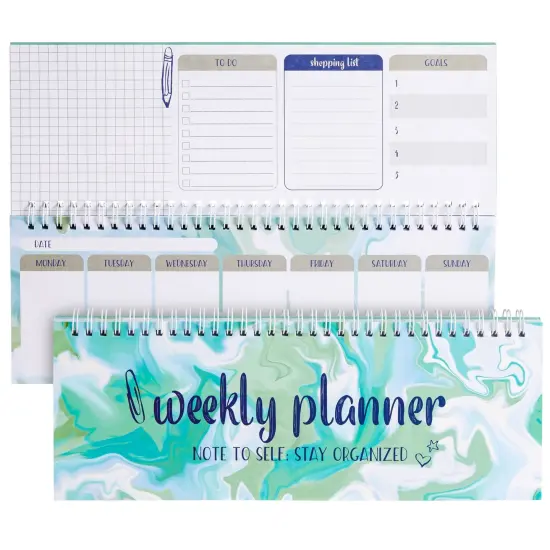 Undated Weekly Planner, Goals, Shopping, To Do List, Horizontal Desk Calendar (Spiral Bound, 12 x 4 in) Green {1}