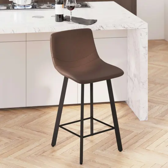 Merrick Lane Oretha Set of 2 Modern Upholstered Stools with Contoured, Low Back Bucket Seats and Iron Frames Black Faux Leather {9}